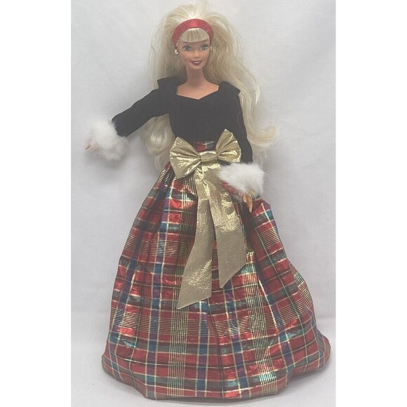 Mattel Holiday 1976 Barbie in Black Velor With Plaid Dress Missing Shoes - Picture 1 of 16